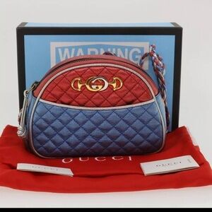 🔥GUCCI Horse Bit Pochette Shoulder Bag Lamb Skin Red Blue 534951 Auth jk3012